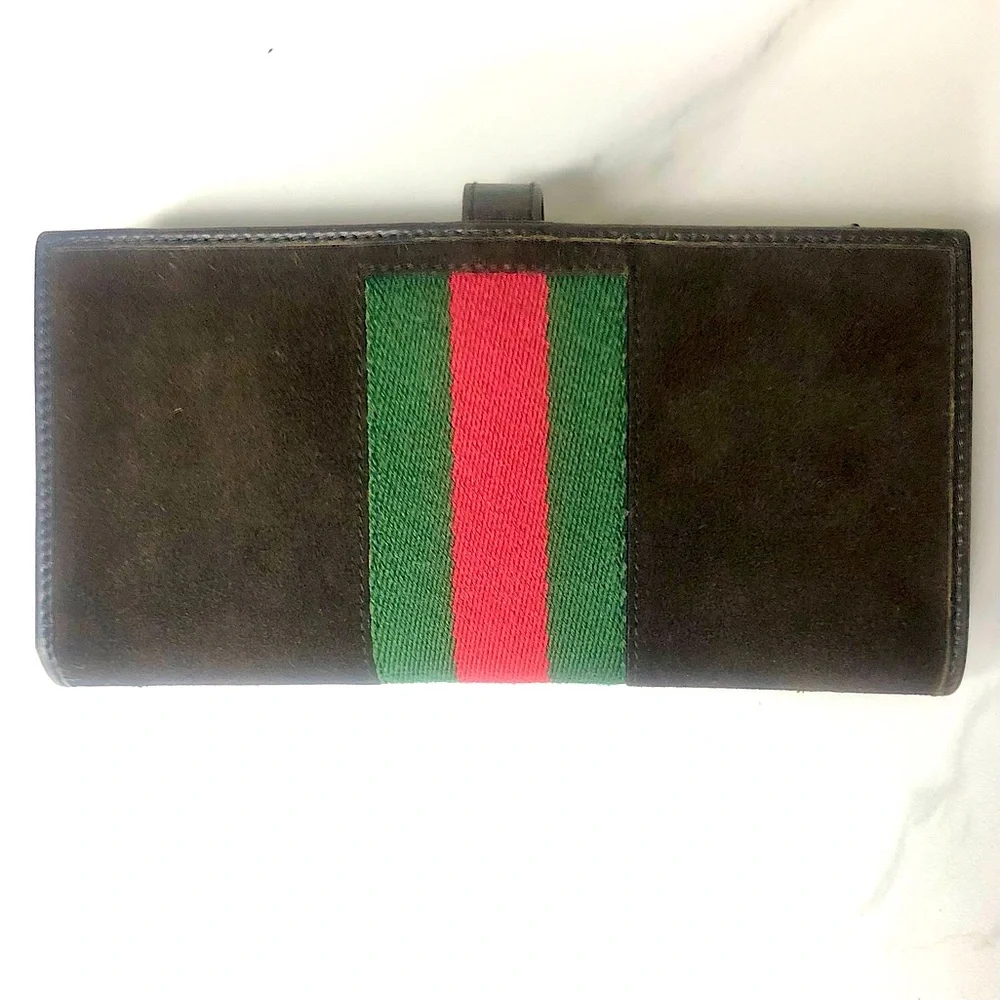 GUCCI Brown Suede Jackie Wallet with Red and Green Sherryline Stripe